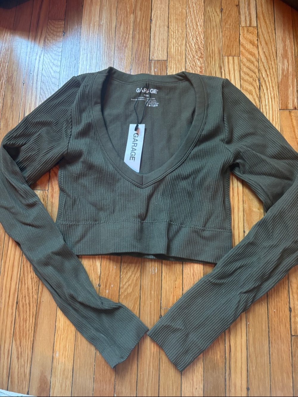 Garage Olive Ribbed V‑Neck Long Sleeve Crop Top